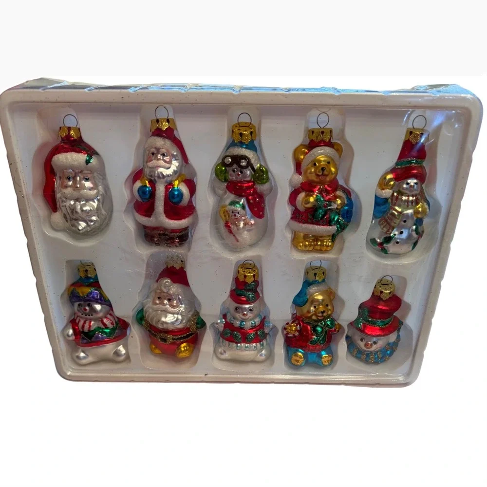 Set 8 Glass Christmas Ornaments Santa‎ Snowman Teddy Bear Retro Kitsch Cute 3.5